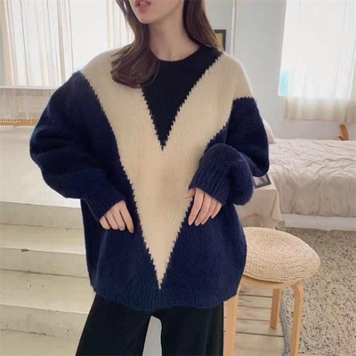 V-joint geometric contrast sweater women's autumn winter 2021 new loose long sleeve straight round neck Pullover Sweater