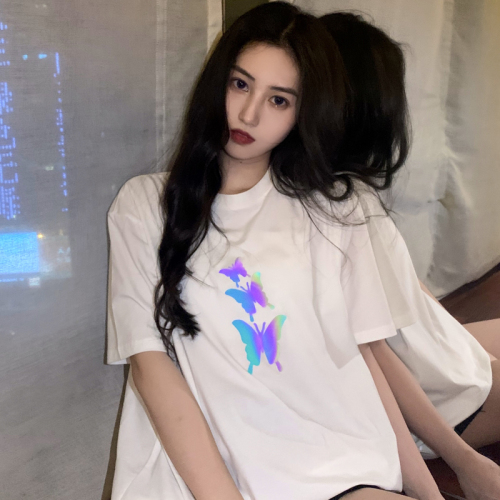 Real time net red butterfly laser printing fashion Short Sleeve T-Shirt Top lovers trend