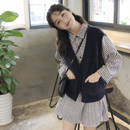Composition Detection Real Price Stripe Stitching and Turn-lapel Pocket Shirt Skirt Mid-length Dress