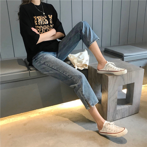 Actual Korean version of loose high waist washed jeans leisure 2019 new straight pants open