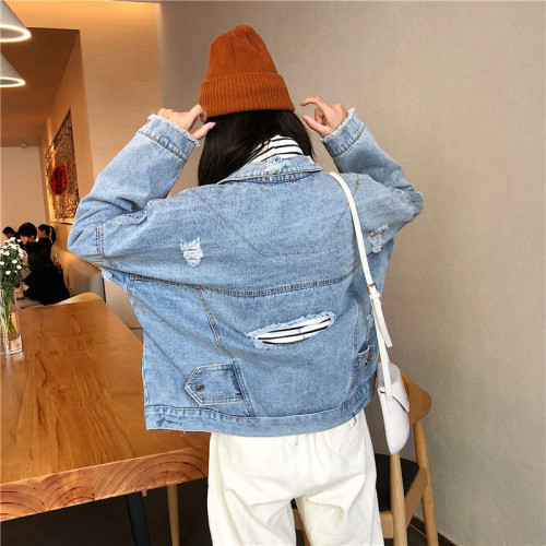 Loose Korean version of hollow denim jacket, women's 100 sets show lean haraku BF geomantic wash edge student jacket trend
