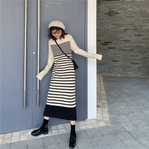 Real-price striped knitted long-sleeved dress for women with slim winter temperament