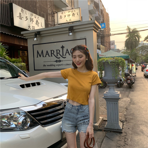 Real Price Control 23 2019 New Pure Color Short Baitao Short Sleeve T-shirt Top with Leisure Bottom