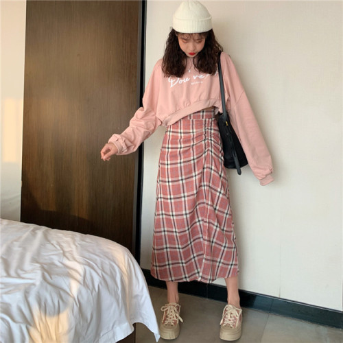 Real-price loose short-style bathroom + checked pull-rope half-length skirt