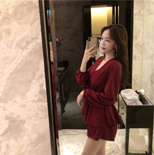 New Autumn Women's Loose High Waist Crossed V-neck Long Sleeve Band Dresses Pure Color Slim A Short Pants Skirt