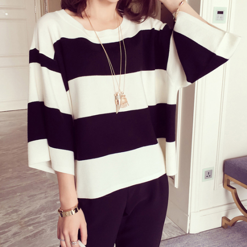 Spring and Summer 2018 New Fashion Stripe Loose Seven-Sleeve Knitted Shirt Fashionable Colour-Coloured Top