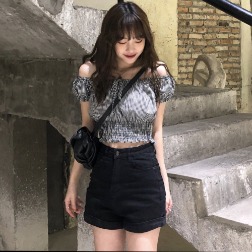 Real photo quality inspection Retro Black and white plaid high waist small short women's regiment one neck short sleeve shirt top woman