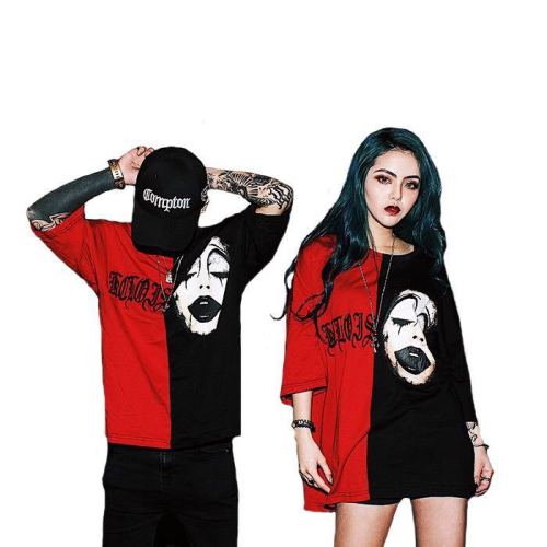 Tide brand new summer dress black and red stitching clown short sleeve embroidery collision color men and women's loose T-shirt