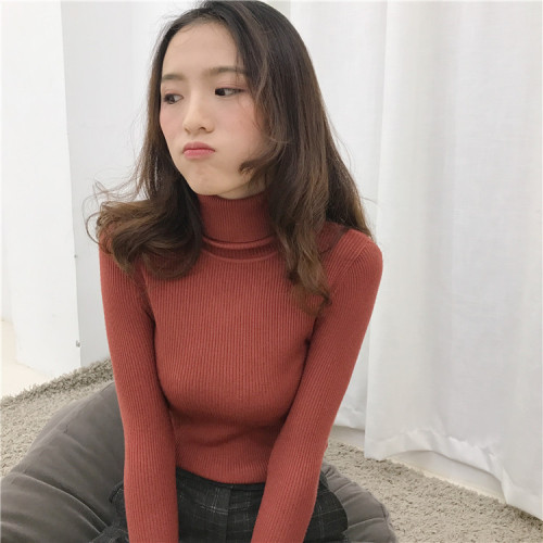 Real-price Korean version of autumn and winter pure color high-collar pullover, body-building stretch bottom sweater, women's wear, 2018