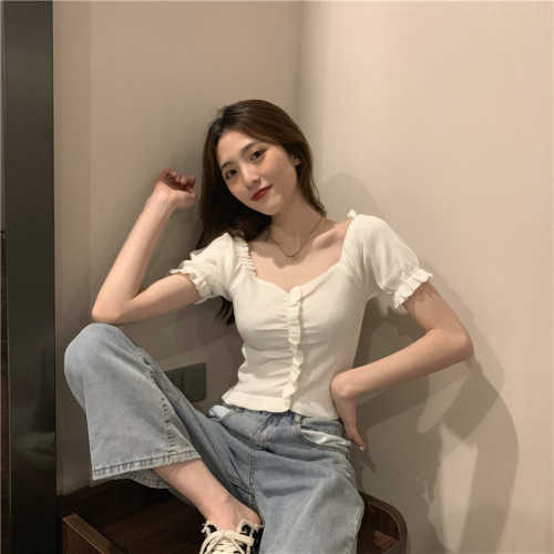 Real photo real price Korean French V-neck open collarbone foreign air wood ear edge Short Sleeve T-Shirt Top