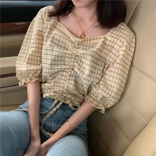 Price not less than 33 yuan real price ~Xiao Qingxin Plaid pull rope square collar Short Sleeve Jacket