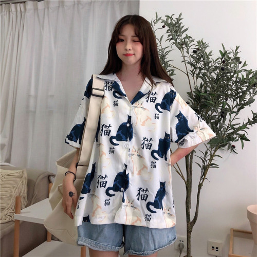 Live video cat printed shirt loose and versatile top trend