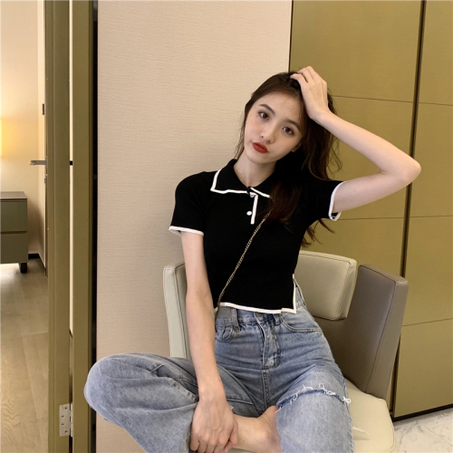 Short-sleeved Women's Korean Edition Simple Slim Blouse with Colour-Coloured Edge and Real Price