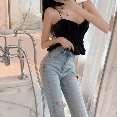 Real Price - Hong Kong Style Personality Hole Closed waist Slim Small-footed Jeans Nine-minute Pants Girl