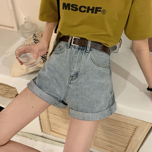 Real price-control-35 Korean version of washed high-waist curly jeans shorts with loose hot pants