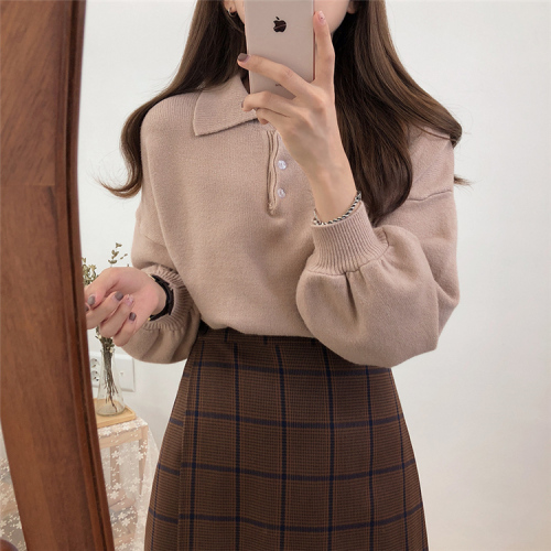 Quality Inspection of Korean Net Red Polo Collar Button Horn Sleeve Long Sleeve Knitted Sweater Women in Autumn and Winter