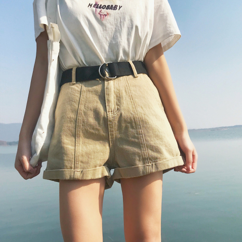 Actual photos of spring and summer belts ~high waist show thin curly Jeans Shorts loose leisure hot pants