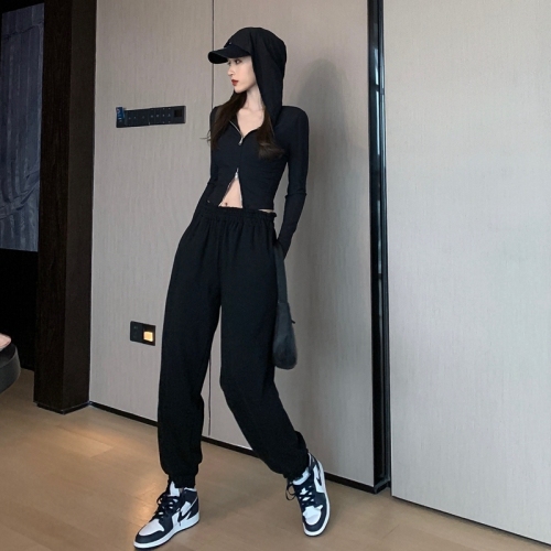 Real photo of new Hong Kong style leisure sports style closing pant women's loose binding feet and waist show thin pants trend