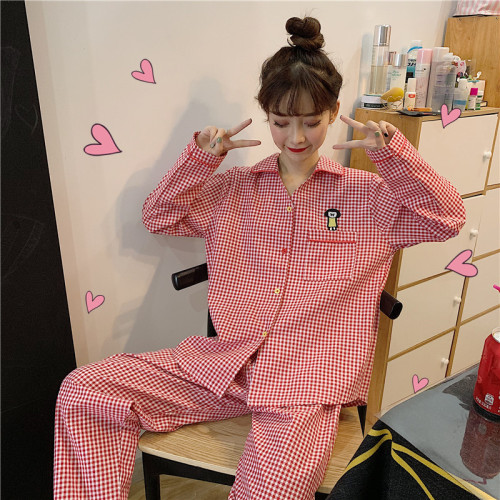 Control 5 Real-price Korean version of autumn and winter cotton and hemp loose leisure Plaid fun student pajamas and home clothes