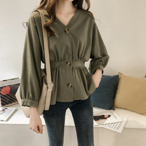 Early autumn women's wear in 2018 new Korean version temperament slim waist V-neck shirt women's long sleeve jacket Han Fan shirt trend