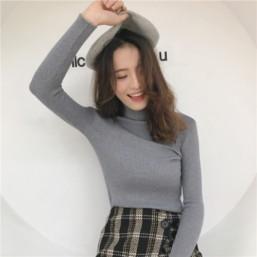 Real-price Korean version of autumn and winter pure color high-collar pullover, body-building stretch bottom sweater, women's wear, 2018