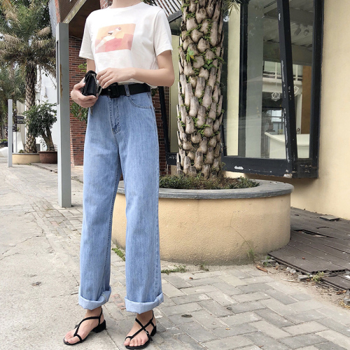 Actual Korean version of the new Hong Kong Wind Chic high-waist frilled jeans women's loose-legged pants