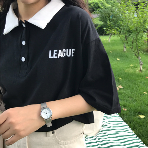 Polo Printed Short-sleeved T-shirts for Female Students in Summer College Style of Guantu