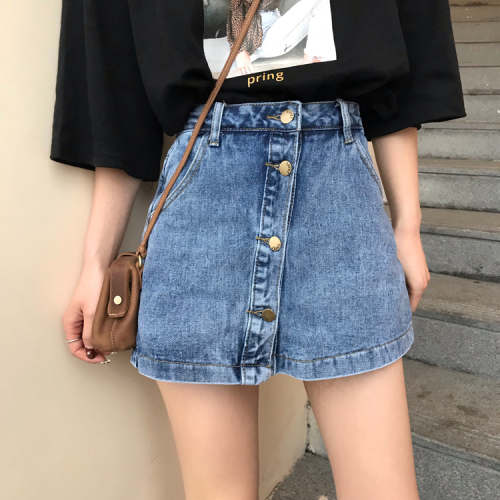 Real price is no less than 34 yuan ~single-row button high waist jeans skirt anti-wear pants skirt
