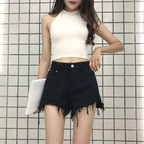 Actual Korean version of Baitao Basic Slim Jeans Shorts Female Summer High-waist Fur-brimmed Hot Pants and Broad-legged Pants