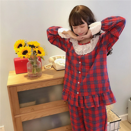 The original autumn-winter Korean version of Sweet and Lovely Princess Style Colored Chequered Home Suit