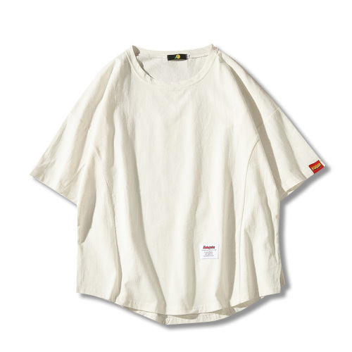 19/Summer Harbor Fashion Brand Men's Euramerican T-shirt Solid-color Spliced Cotton and Hemp Short-sleeved T-shirt