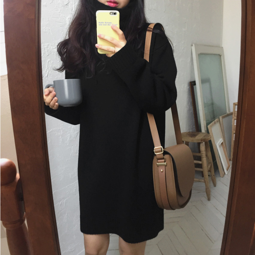 Quality Inspection of Korean Chic Spring Dresses New Pure Colour High-collar Baitao Wool Dresses and Skirts
