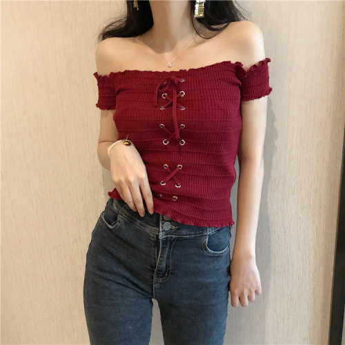 Spring and Korean Knitted Sweaters, Short Slip, One-character Shoulder, Short Sleeve Women's Bottom Shirts