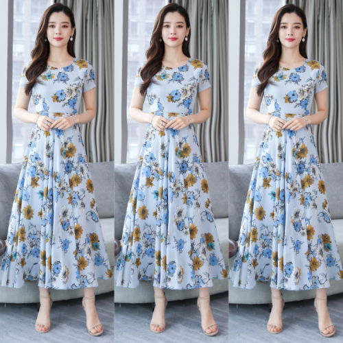 Flowers over the knee show thin super fairy fashion long skirt new round neck short sleeve show thin women long dress