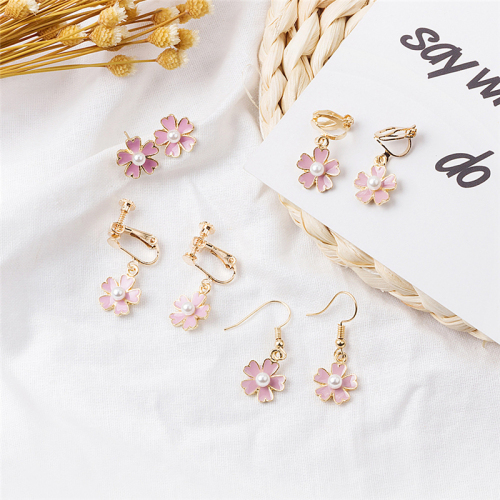 Summer fresh pearl flower five petals Earrings ins pink girl heart temperament ear nail clip