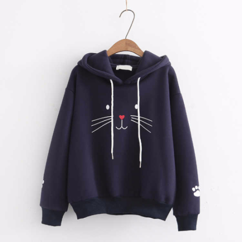 Cat Face Korean Bf Wind Harajuku Cat Printed Long Sleeve Hat Guard Girl Student Thicker and Thicker Coat
