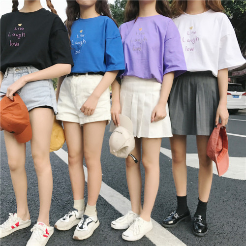 Summer Korean Version of Loose Large Size Embroidery Letter Aixin College Wind T-shirt with Round Neck and Short Sleeve Simple Top