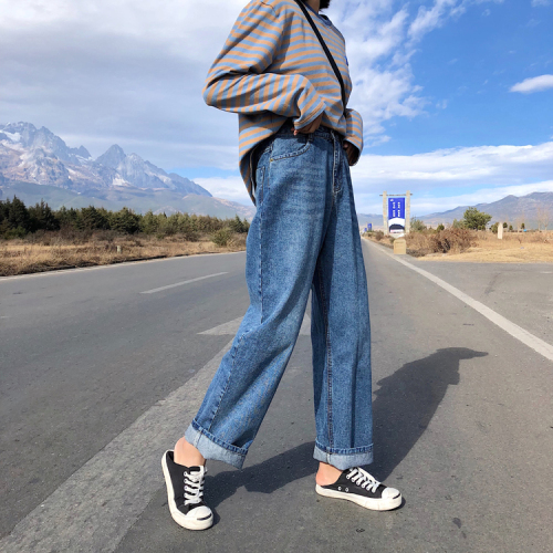 Actual Spring Retro High-waist Loose Straight-barrel Broad-legged Jeans