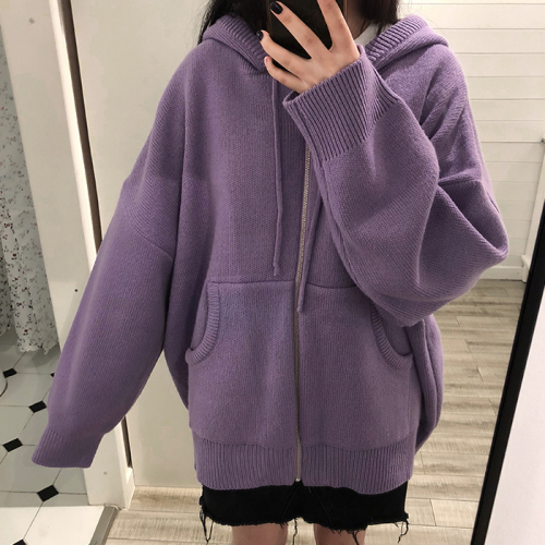South Korean thick solid color lazy bat sleeve cap big pocket long sleeve knitted sweater jacket has been inspected