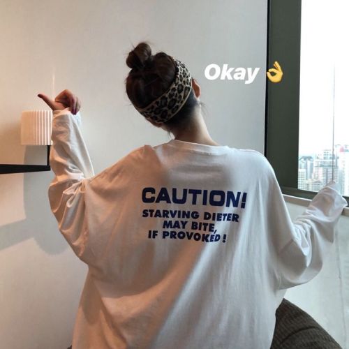 Long sleeve white T-shirt women's underclothing missing printed letter original night wind top female student Korean loose autumn dress