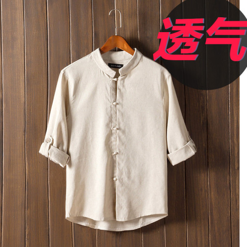 Chinese Style Men's large linen linen casual shirt Chinese retro cotton linen shirt