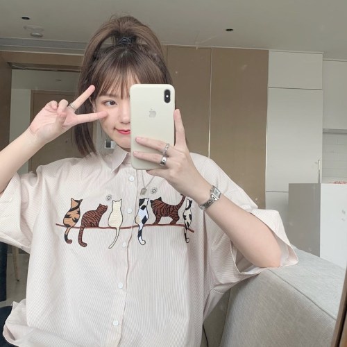 Real shot Pinstripe cat embroidery Vintage shirt