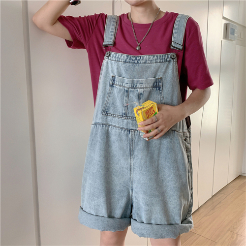 Real photo real price with straps Korean version loose straight leg Wide Leg Jeans retro Hong Kong style summer blue strap shorts