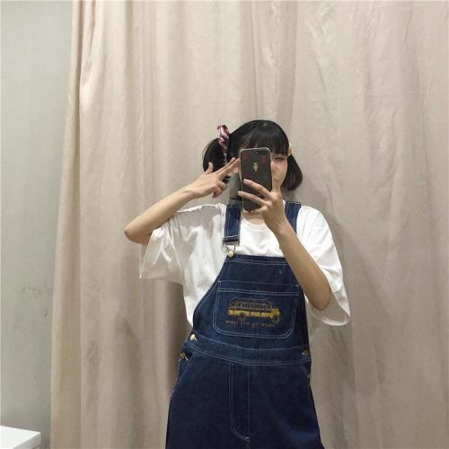 Autumn Korean embroidered ins ancient denim belt pants for girls lovely young loose wide leg one-piece pants students