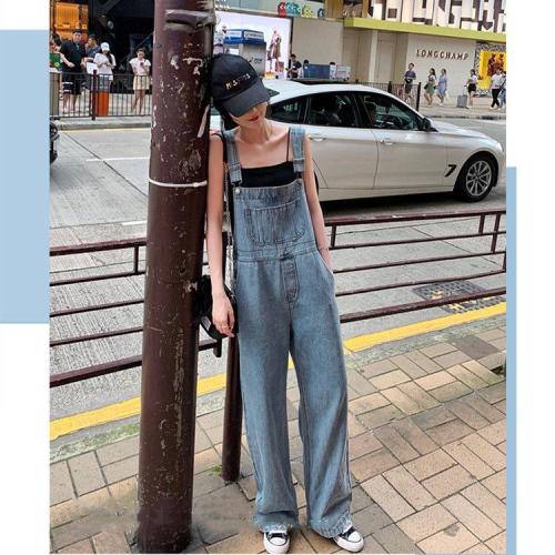 Denim suspenders women's summer  Student Korean version loose straight tube wide foot thin high waist old dad elegant pants