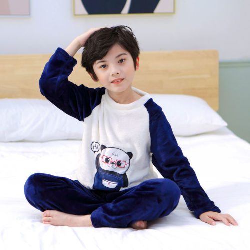 Huafei cat autumn and winter children's flannel pajamas suit boys and girls' thickened coral velvet cartoon embroidered home clothes