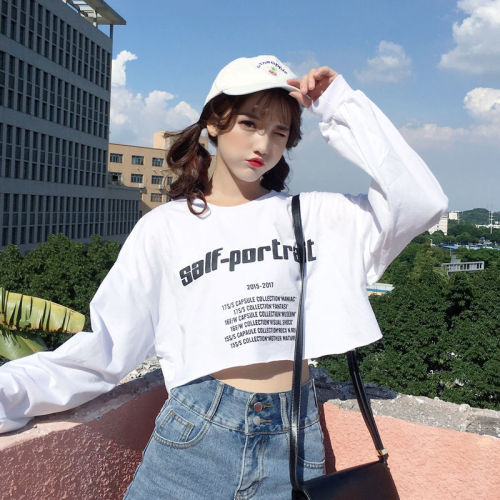 Autumn Korean women's new printed long sleeve T-shirt short T-shirt student wide Songyuan Sufeng BF top fashion