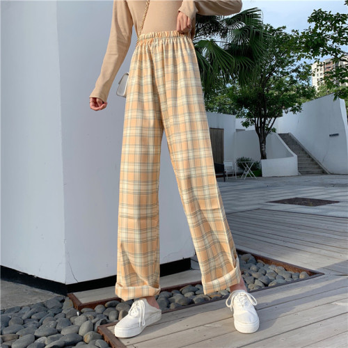 Real shot autumn size Plaid wide leg pants women's fat mm vertical feeling straight tube loose casual floor dragging pants