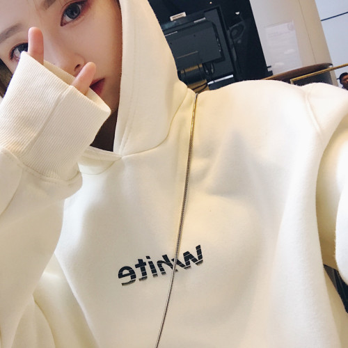 Hooded sweater women autumn / winter 2019 new Korean loose student clothes Plush thickened long sleeve top coat