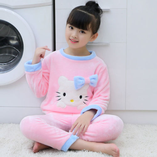 Huafei cat autumn and winter children's flannel pajamas suit boys and girls' thickened coral velvet cartoon embroidered home clothes